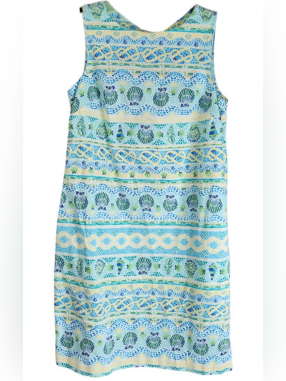 Talbots Sleeveless Shell-Print Shift Dress in Blue, Green, Cream retails $159